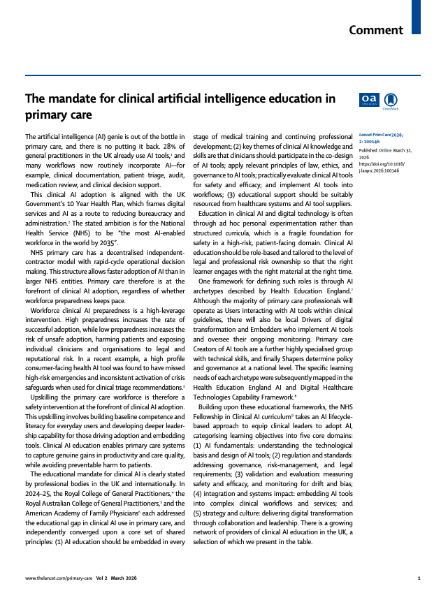 Screenshot of Deng et al. 2026 Lancet Primary Care: The mandate for clinical artificial intelligence education in primary care