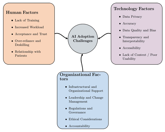 Diagram: AI adoption challenges in three buckets. Human factors (training, workload, acceptance, over-reliance, patient relationship). Technology factors (privacy, accuracy, data quality, transparency, accessibility, usability). Organizational factors (infrastructure, leadership, regulations, ethics, accountability).