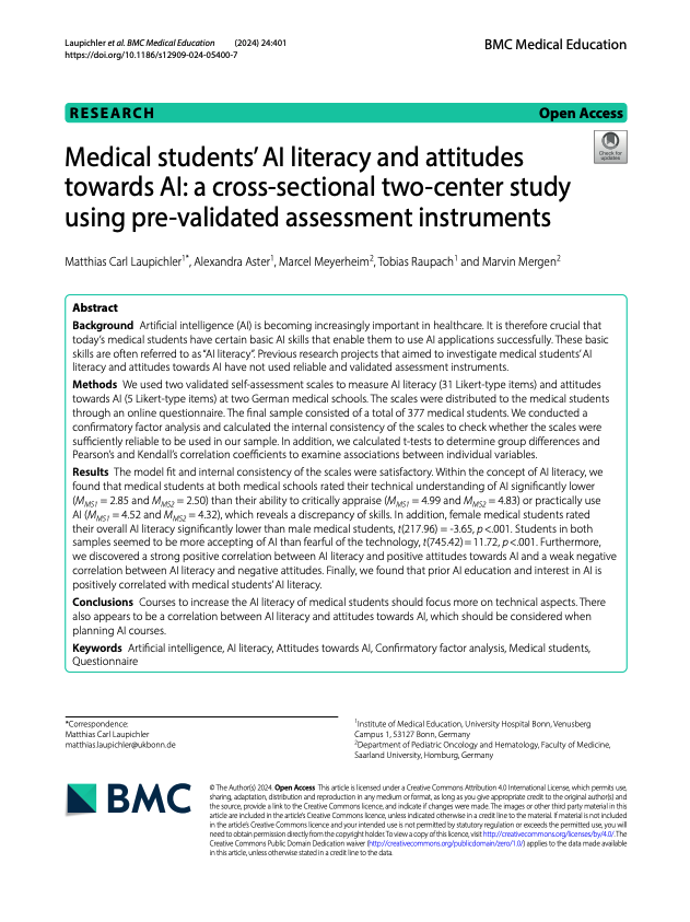 Cover of Laupichler et al. 2024 study on medical students' AI literacy
