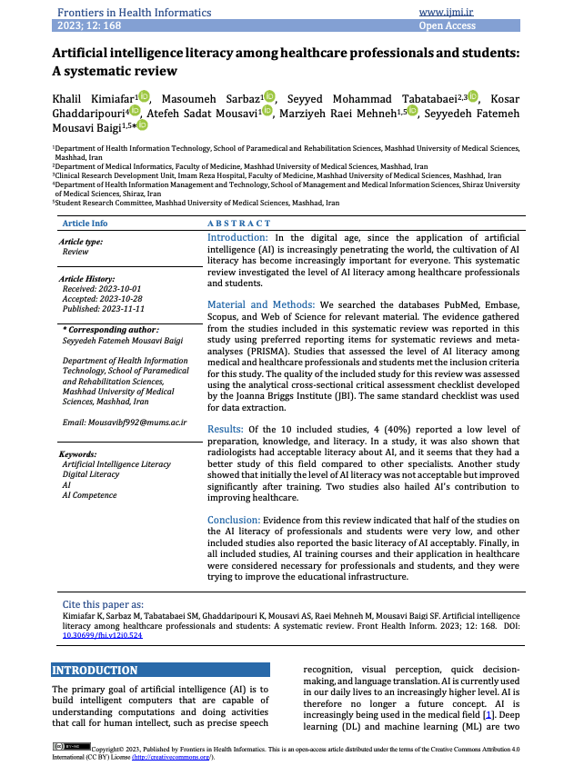 Cover of Kimiafar et al. 2023 systematic review on AI literacy among healthcare professionals