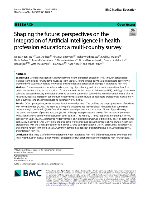Cover of Issa et al. 2024 multi-country survey on AI in health profession education