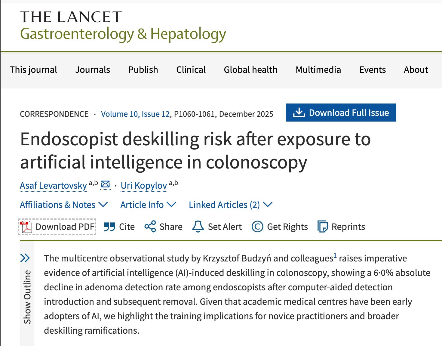 The Lancet Gastroenterology & Hepatology paper: Endoscopist deskilling risk after exposure to artificial intelligence in colonoscopy. Budzyński et al., Volume 10 Issue 10, December 2025.