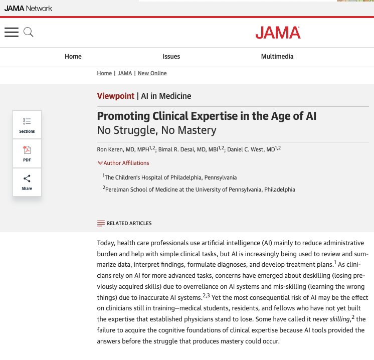 Screenshot of Keren et al. 2026 JAMA viewpoint: Promoting Clinical Expertise in the Age of AI — No Struggle, No Mastery